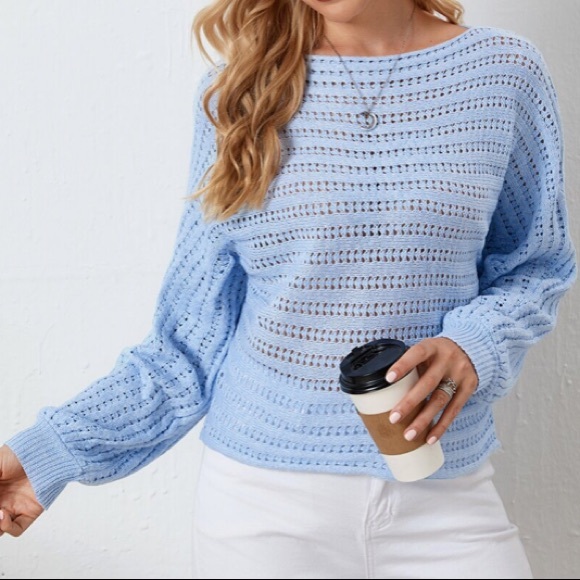 1 LARGE LEFT! Cozy Light Blue Boho Knit Sweater - Picture 3 of 6